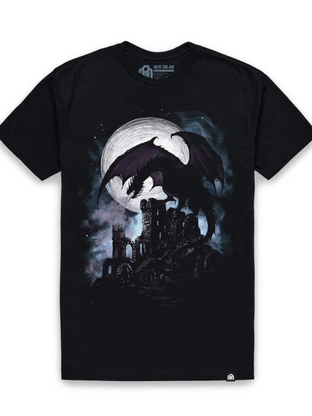Black Moonlit Dragon Castle Ruins Graphic Tee Dark Fantasy Art Shirt